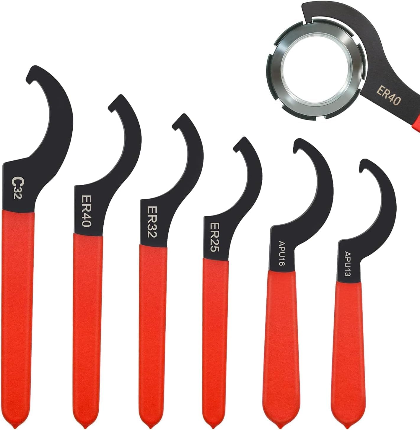 Tissting 6PCS C Spanner Wrench Set - Precision Coilover Spanner Tool Kit for Shock Absorber & Suspension Adjustment,Heavy-Duty Steel with Non-Slip Handle,Includes APU13/ER25/APU16/ER32/ER40/C32 Sizes