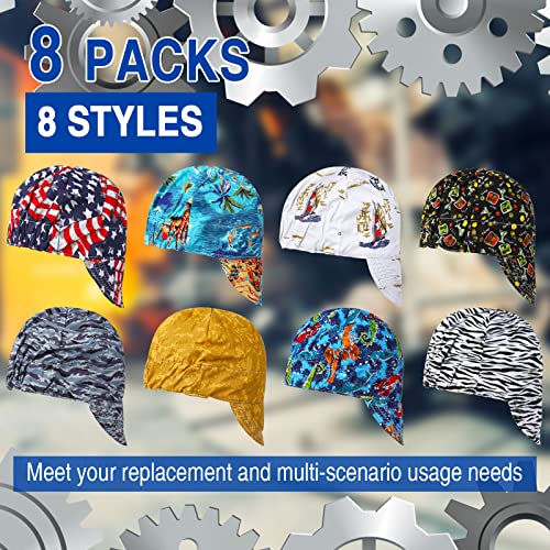 Jexine 8 Pcs Unisex Adult Reversible Welding Cap Elastic Flame Resistant Cotton Welding Hat Mesh Inside Liner Low Crown Welders Cap Matched Most Helmet for Welder Electrician Gas Station, 8 Styles