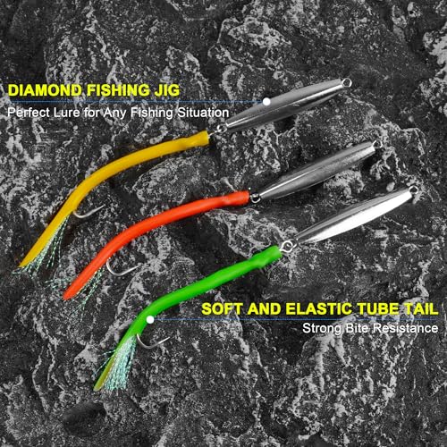Diamond Jigs Saltwater Fishing Lures 3oz (3 Colors) Tube Tail Teaser, Stainless Steel Hook