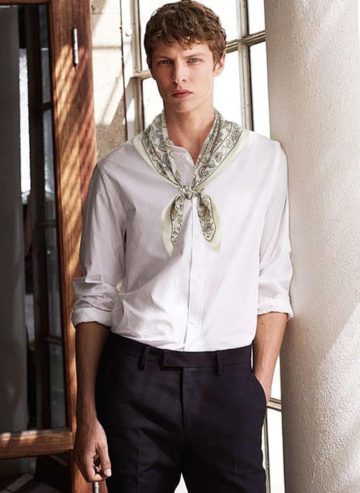 Vintage Silk Feel Square Scarf for Men - White Pattern Bandana