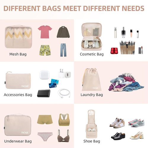 BAGAIL Packing Cubes - 8 Set Travel Organizers for Efficient Luggage Packing | Cream Color