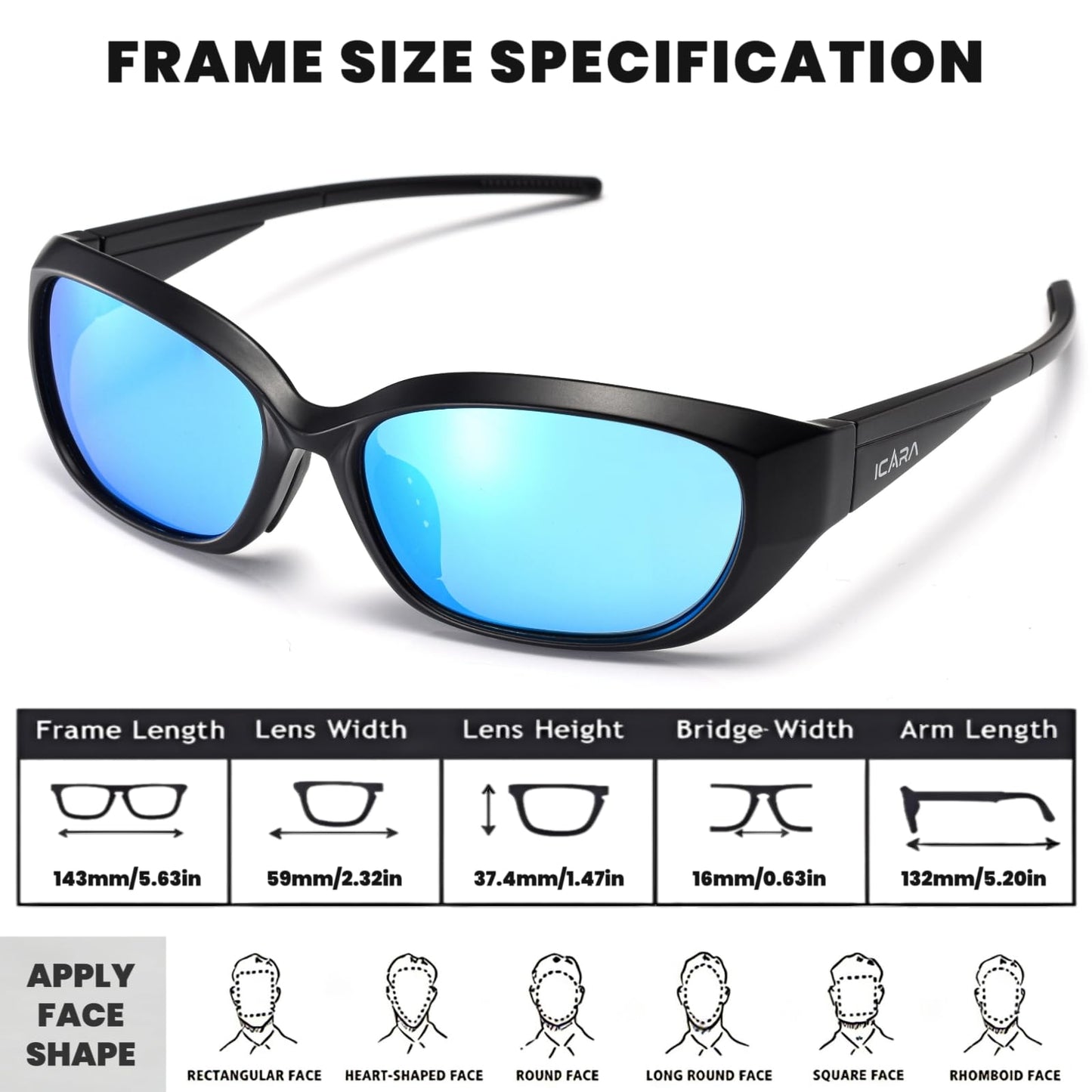 ICARA Polarized Sport Sunglasses for Men Women, UV400 Protection TR90 Frame, Ideal for Driving Cycling Fishing Running (Black Frame/Blue Lens)