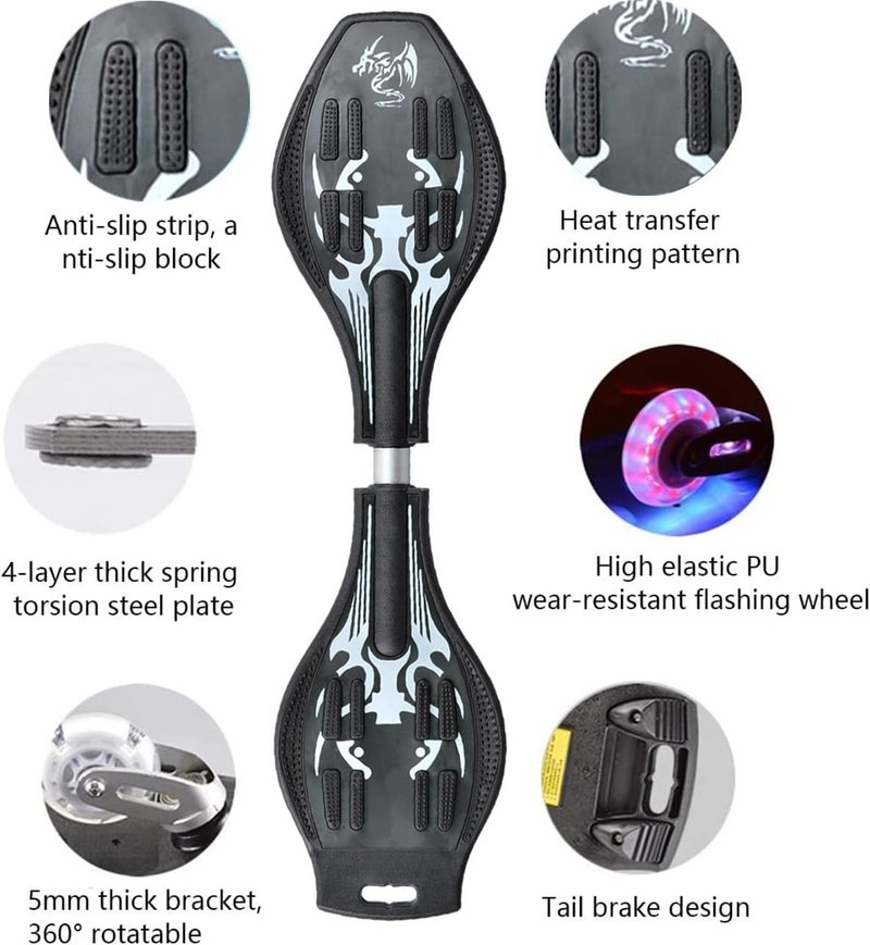 Waveboard Children Street Surfing Caster Torsion Skateboard Double Decks Casterboards for Wave/Surf Waveboard/Castor Board with Light Up Wheels for Kids/Teens (Black Dragon)