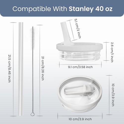 Pmiuccd 2 Pack Stanley Lid Replacement 40 oz, for Stanley H2.0 Quencher Cup Accessories, Dust-Proof Straw Cover for Stanley Cups, Spill-Proof Design, Stanley Cup Accessories（White & White）