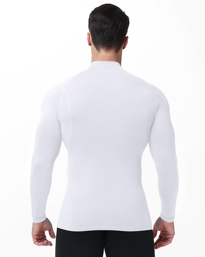 Poekuao Men's UPF 50+ Compression Shirts Long Sleeve Mock Turtleneck Athletic Undershirt Base Layer for Running Football Workout White M