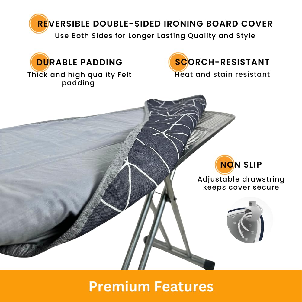 SAVUK Ironing Board Cover and Pad Dual Side X2 Lifetime Double Using Heavy Duty Thick Padding Heat Reflective Non Stick Scorch and Stain Resistant Adjustable 15x54 inch