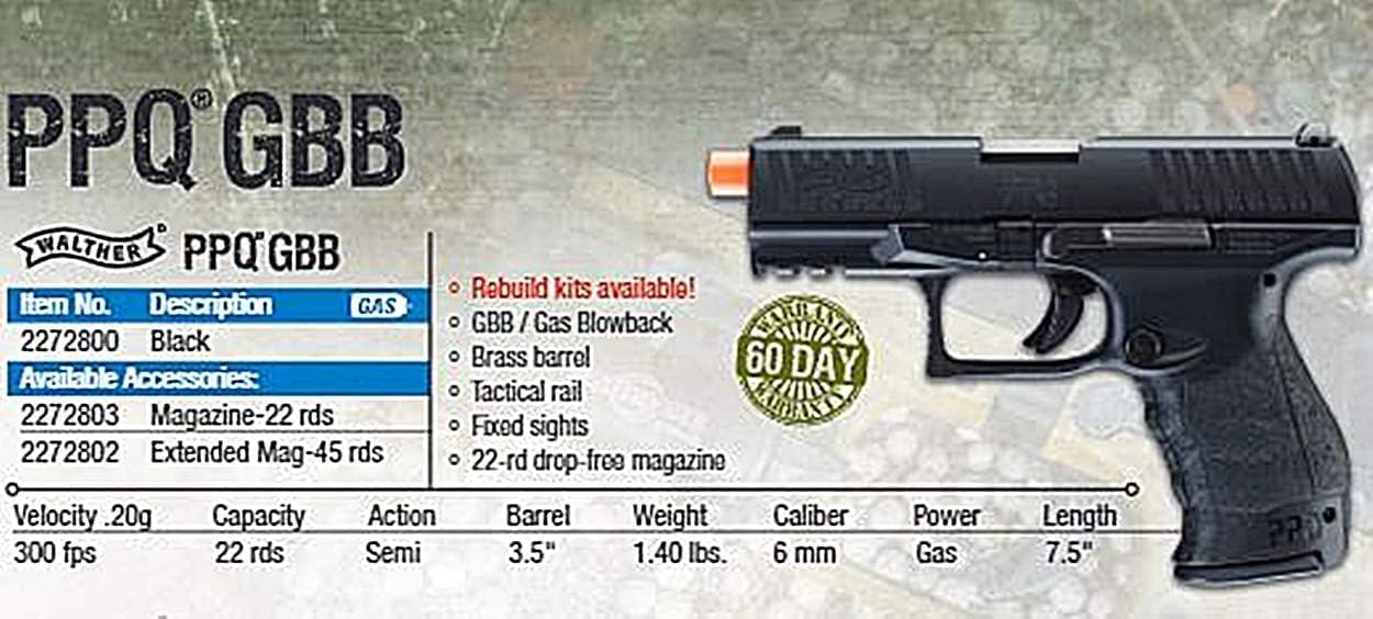 Umarex Elite Force Walther PPQ GBB Blowback Airsoft Pistol - 6mm BB, Realistic Action