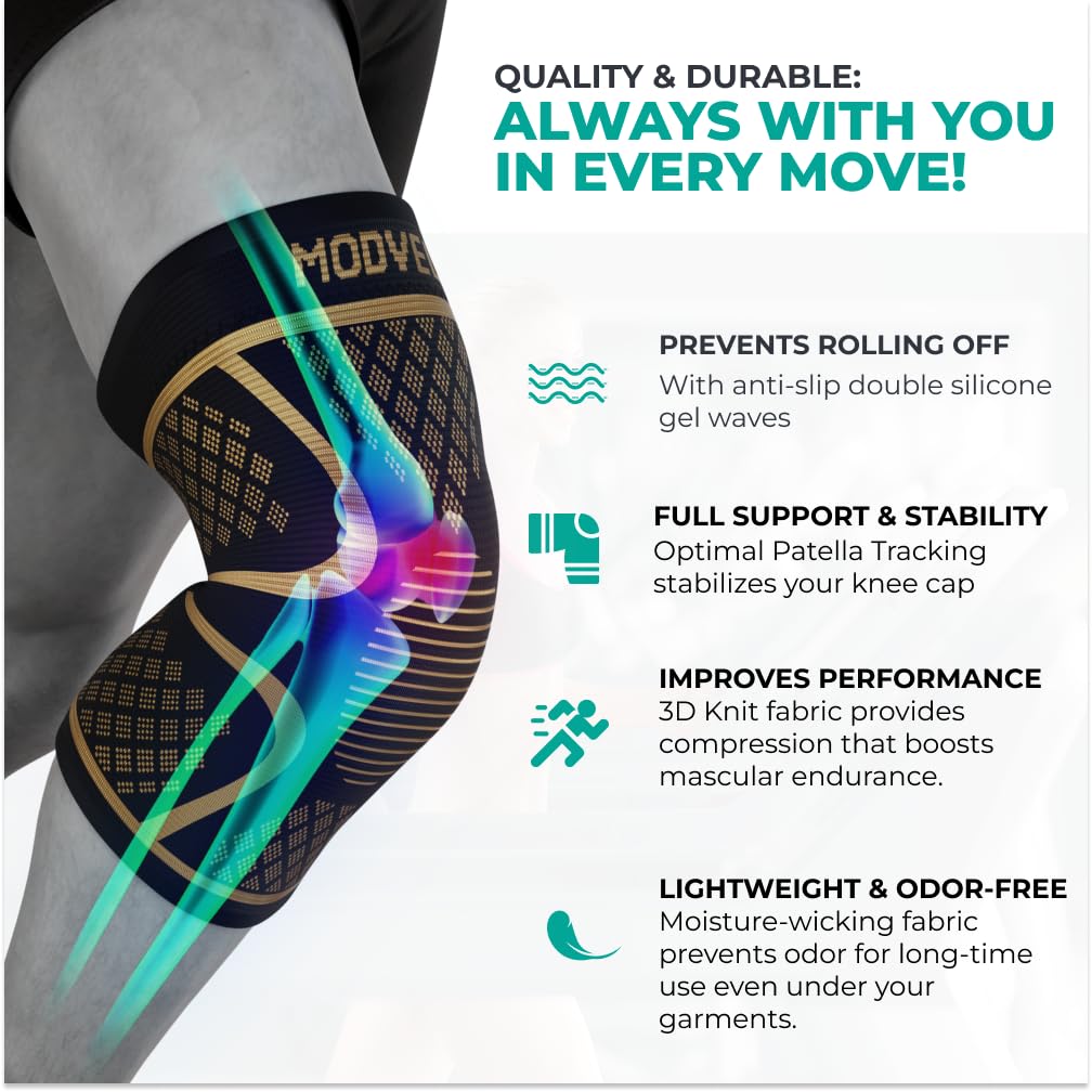 Modvel Knee Braces for Women & Men – 2 Pack Knee Support Set, Knee Compression Sleeve, Support for Meniscus Tear, ACL & Arthritis Relief,Copper M