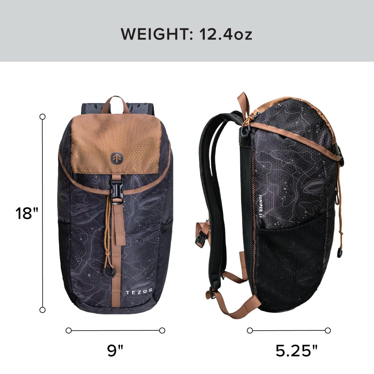 Tezos Juniper Daypack, Lightweight Hiking Backpack and Hydration Pack for Camping, Travel, Biking, and the Outdoors, 16 Liter (Black Topo)