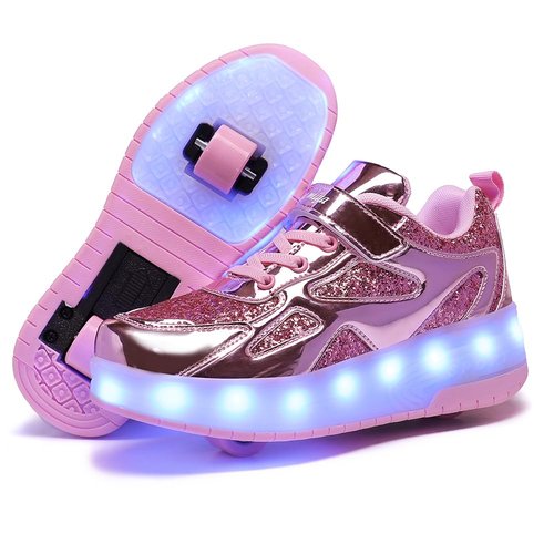 GIMKOUNN Roller Shoes Girls Sneakers USB Rechargeable 2 Wheels Shoes Roller Skates for Beginner Trainers Shoe 16 Modes LED Light Up Sneaker for Kids Boys Stylish Footwear Size 6.5