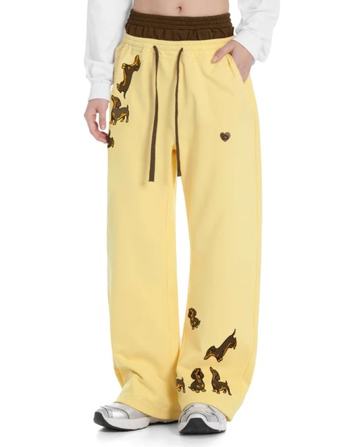 Aelfric Eden Dachshund Baggy Sweatpants Double Waist Wide Leg Sweatpants Unisex Y2k Casual Pants Trousers Yellow