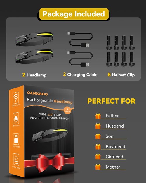 CANKROO Headlamps Rechargeable with Red Light 2 Pack, Wide Beam Running LED Head Lamp for Adults, Headlights for Head with Motion Sensor, Hard Hat Light for Running, Camping, Hiking, Hunting, Fishing