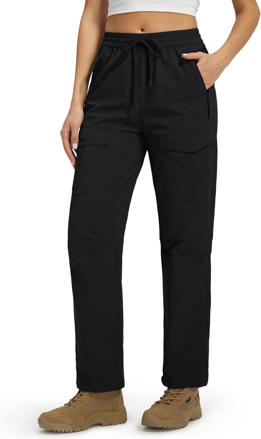Womens Hiking Pants with Zipper Pockets Quick Dry Lightweight Cargo Joggers Elastic Waist Water Resistant Outdoor Safari