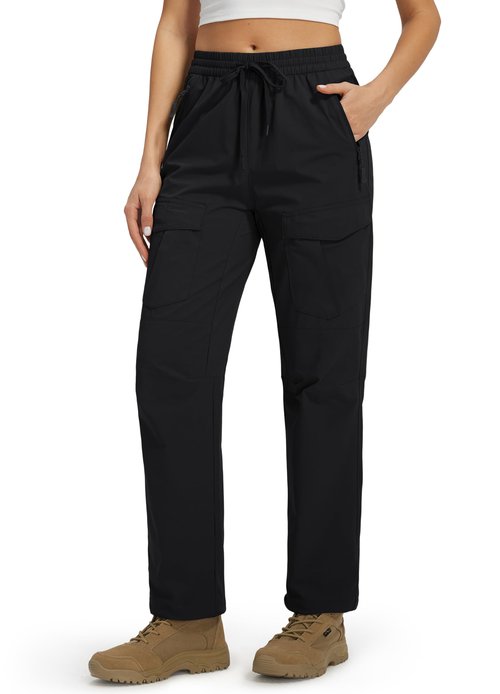Women's Hiking Pants with Zipper Pockets Quick Dry Water Resistant Elastic Waist Cargo Joggers Lightweight Casual Travel Outdoor Safari Outfits Regular Black M
