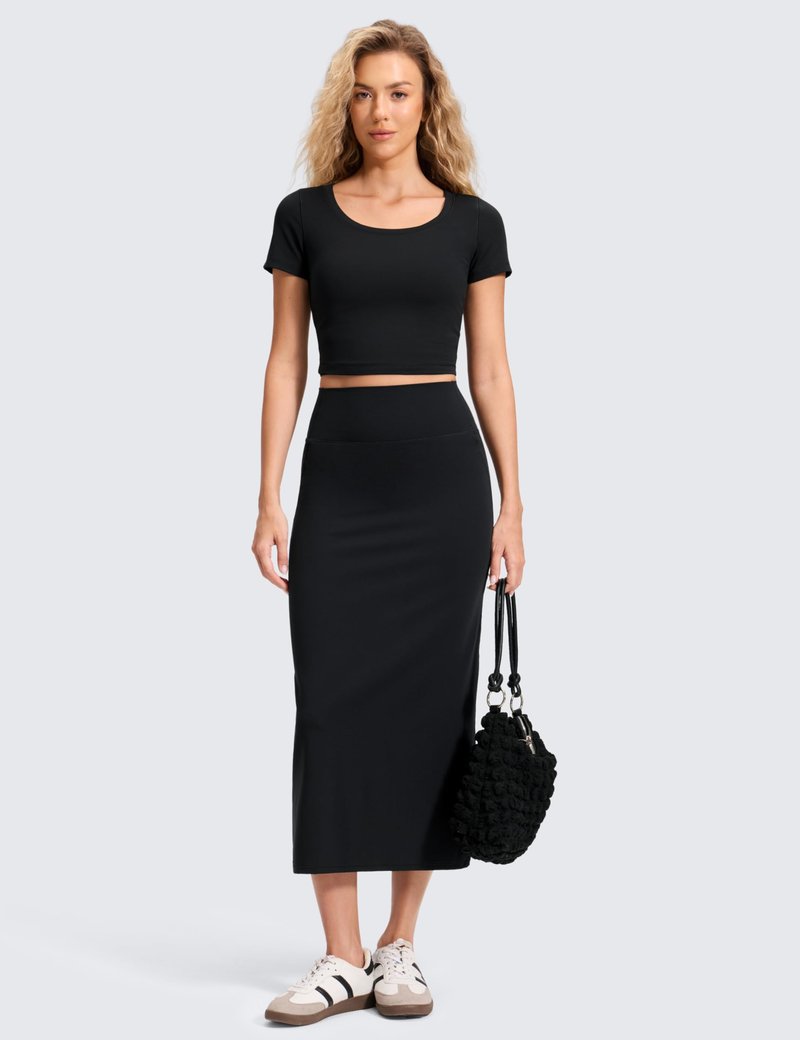 CRZ YOGA Butterlift Maxi Pencil Skirt for Women - High Waisted Bodycon Casual Travel Skort with Back Slit Black Medium