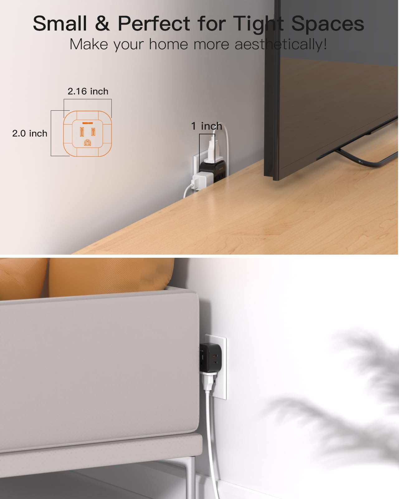 Black Multi Plug Outlet Extender 2 Pack, Wall Outlet Splitter with 5 Wall Outlets, Small Multiple Plug Extender, Cruise Essentials, Plug Adapter No Surge Protector for Cruise Ship Home Office Dorm