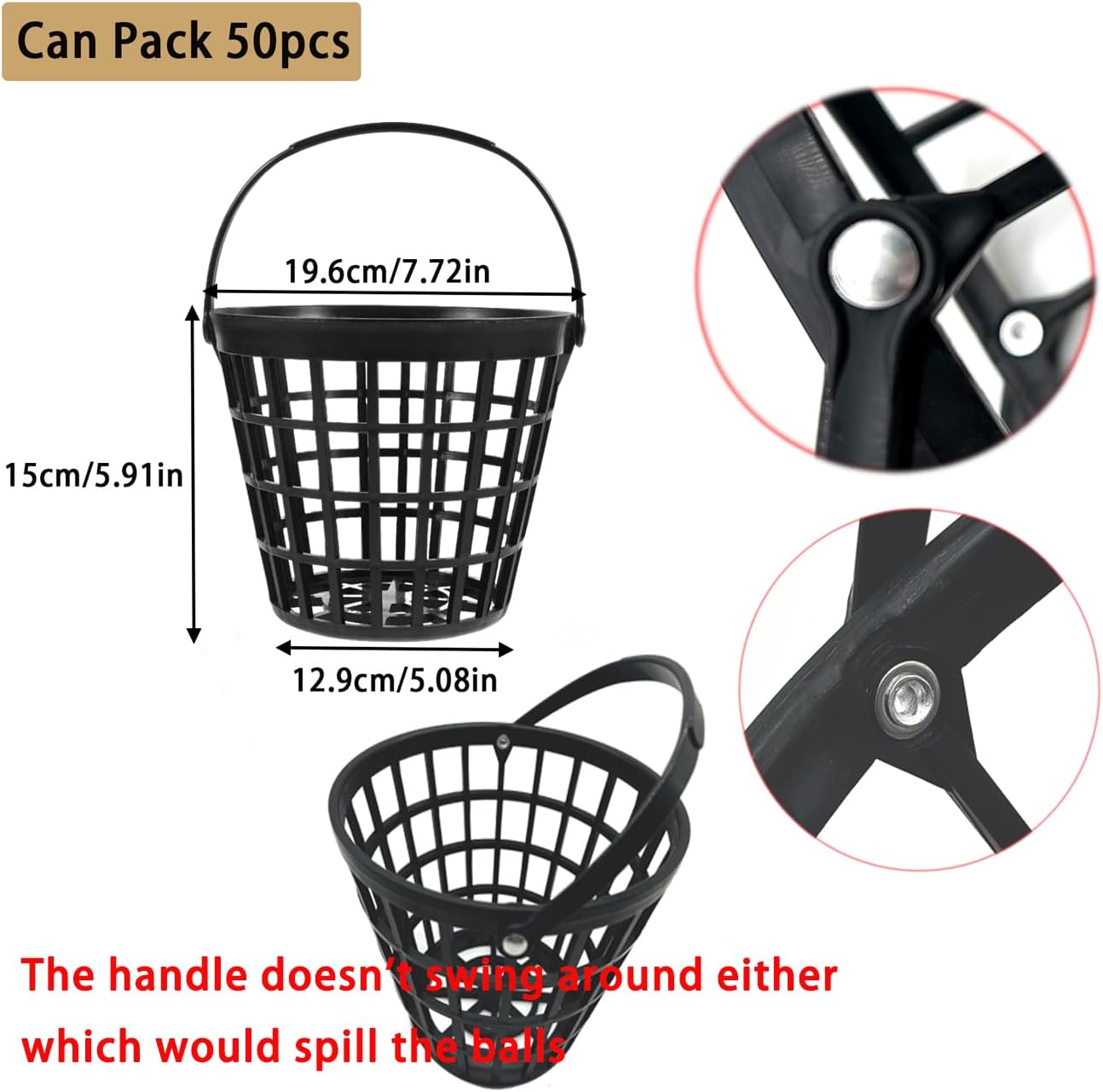 ZLY Golf Ball Basket - Durable Plastic Container with Handle | Holds 50 Balls - Black