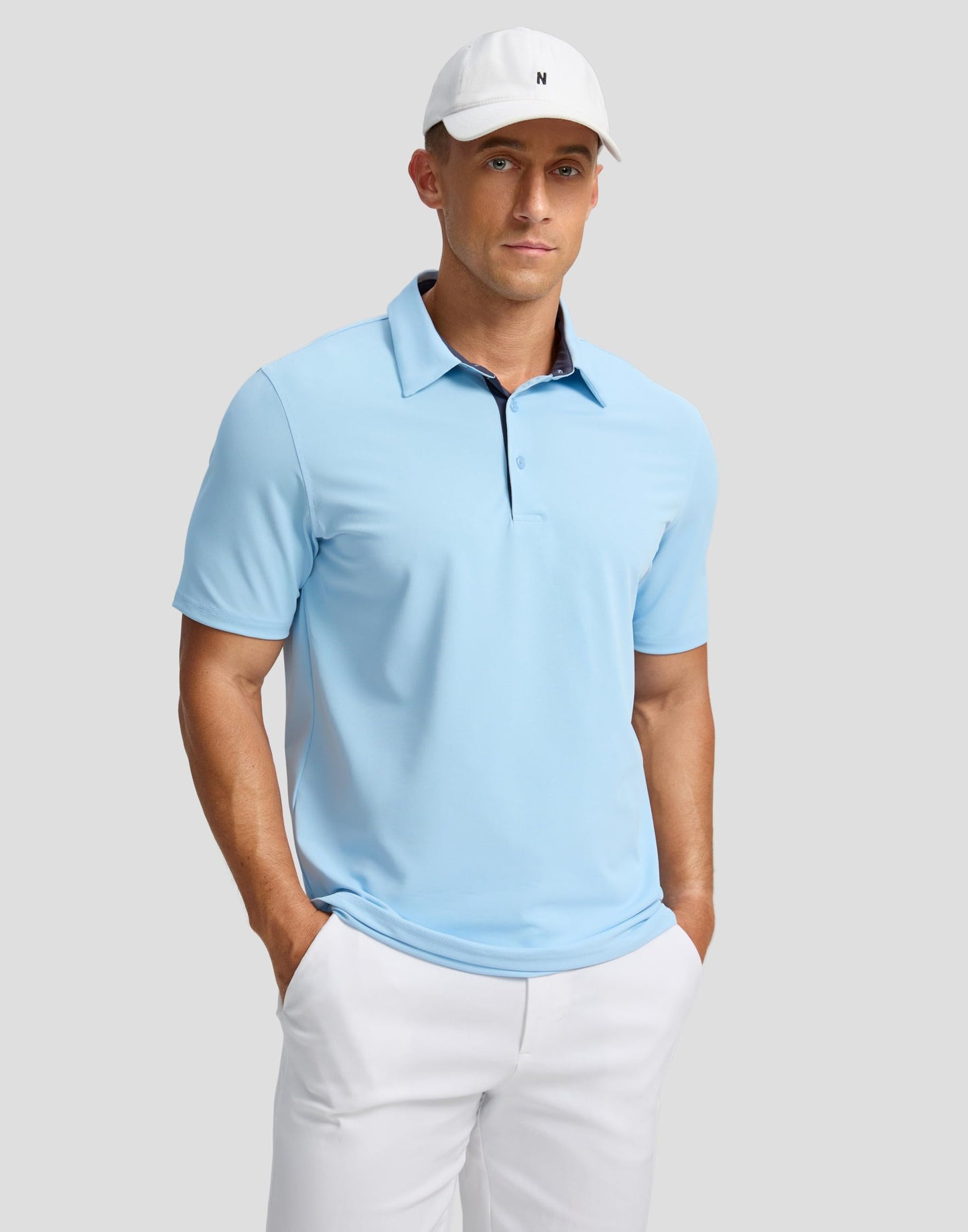 Men's Golf Shirts Dry Fit Moisture Wicking Performance Short Sleeve Collared Polo Shirts for Casual Tennis Bussiness (Light Blue, S)