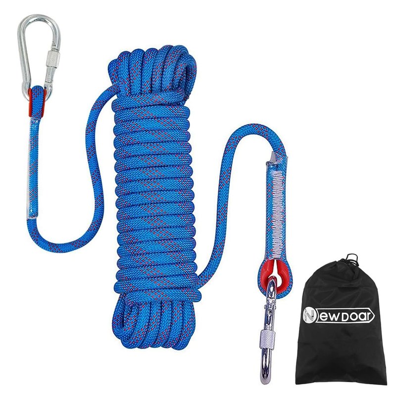 NewDoar Climbing Rope 8(5/16in),10mm (3/8in), High Strength Accessory Cord Rope with 2 Steel Hooks, for Outdoor Rescue Rappelling Rope Down Cliffs ledges Safety Escape Tow Strap Equipment(Blue)