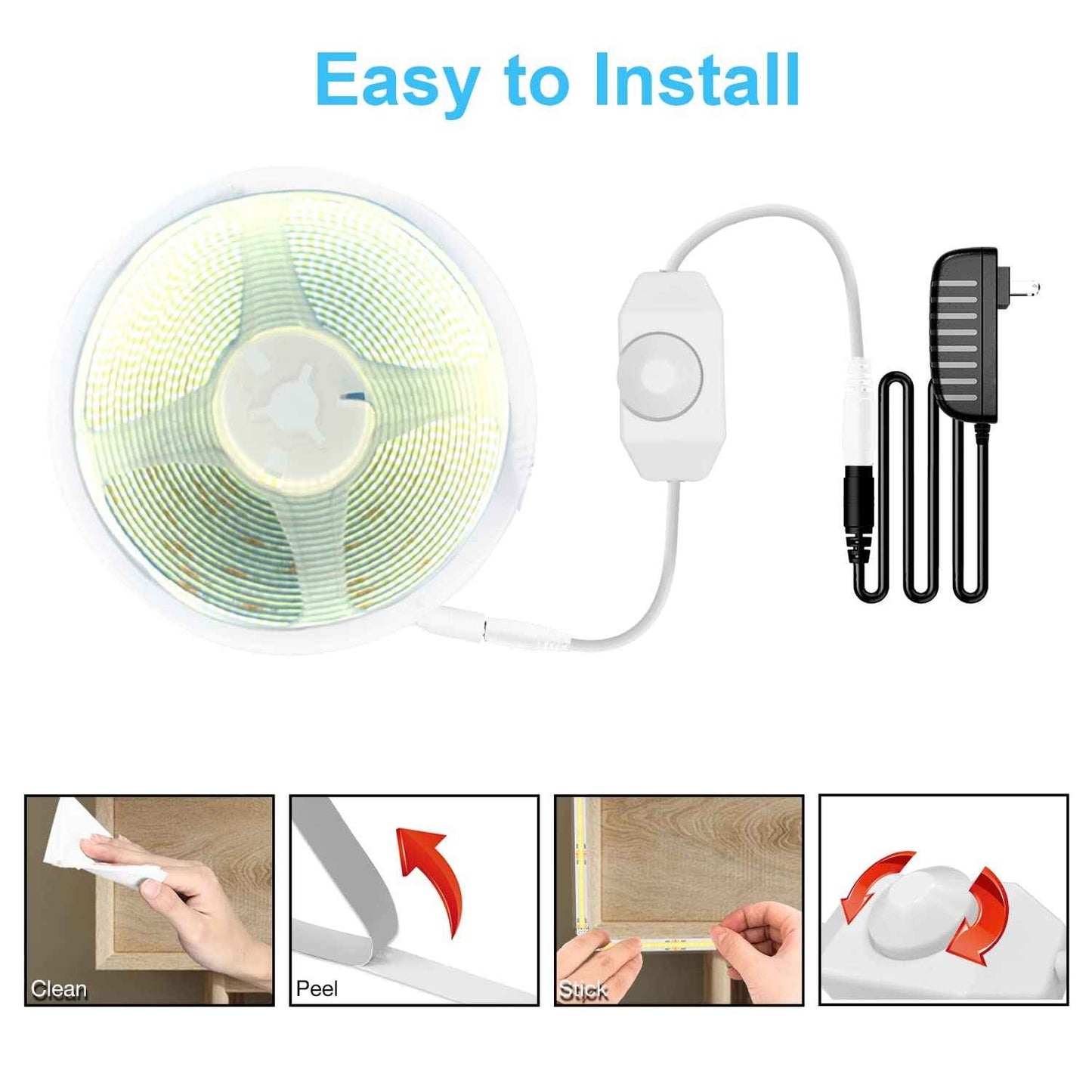 DAYBETTER COB LED Strip, 16.4 ft White LED Strip Lights, Dimmable LED Light Strip 6500K Bright Daylight White, 24V, 1600LEDs, 2835 Flexible LED Tape Light for TV, Bedroom, Kitchen Cabinet, Closet