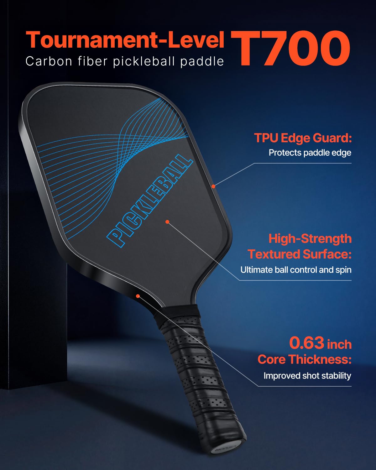 VEVOR Pickleball Paddle, T700 Carbon Fiber Surface & Honeycomb Core, Professional Pickleball Paddle with Increased Power & Control & Spin, Pro Pickle Ball Racket for Adults, Men & Women, Blue