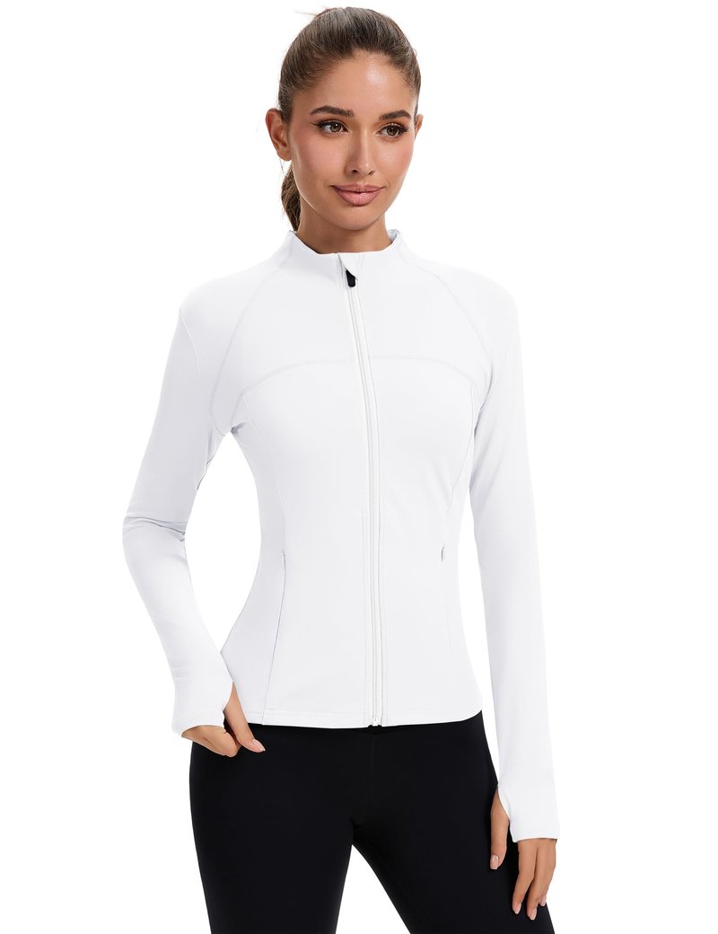 Rapbin Crop Workout Jackets White Woman Running Jacket Zip Slim Fit Athletic Tops with Thumb Holes (White S)