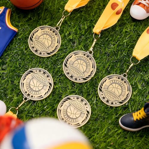 Gold Basketball Medals with Ribbons - 12 Pack, 2" Awards for Sports