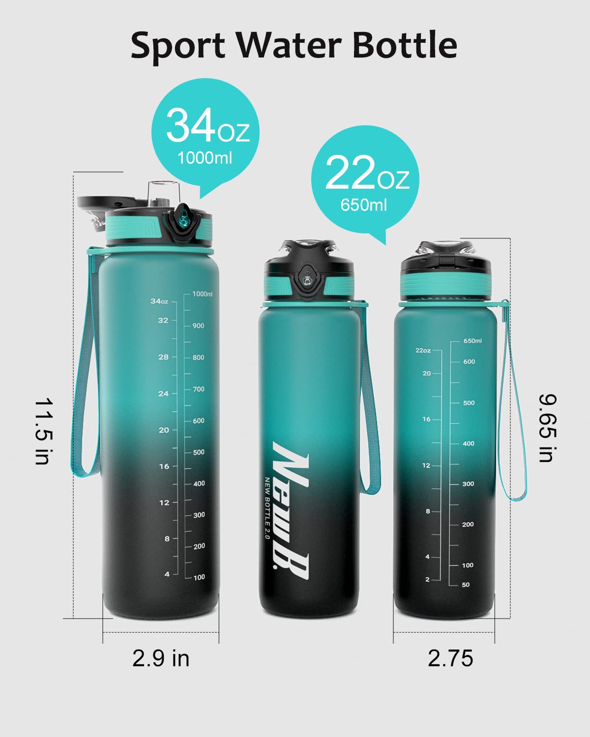 Pluralla One Touch Sport Water Bottle (Pack of 1) with Carry Handle, Leak Proof, Flip Top Lid, BPA Free, Tritan Material Water Bottle, Ideal Gift for Travel, Gym and Outdoor Fitness | 22 oz, 34 oz