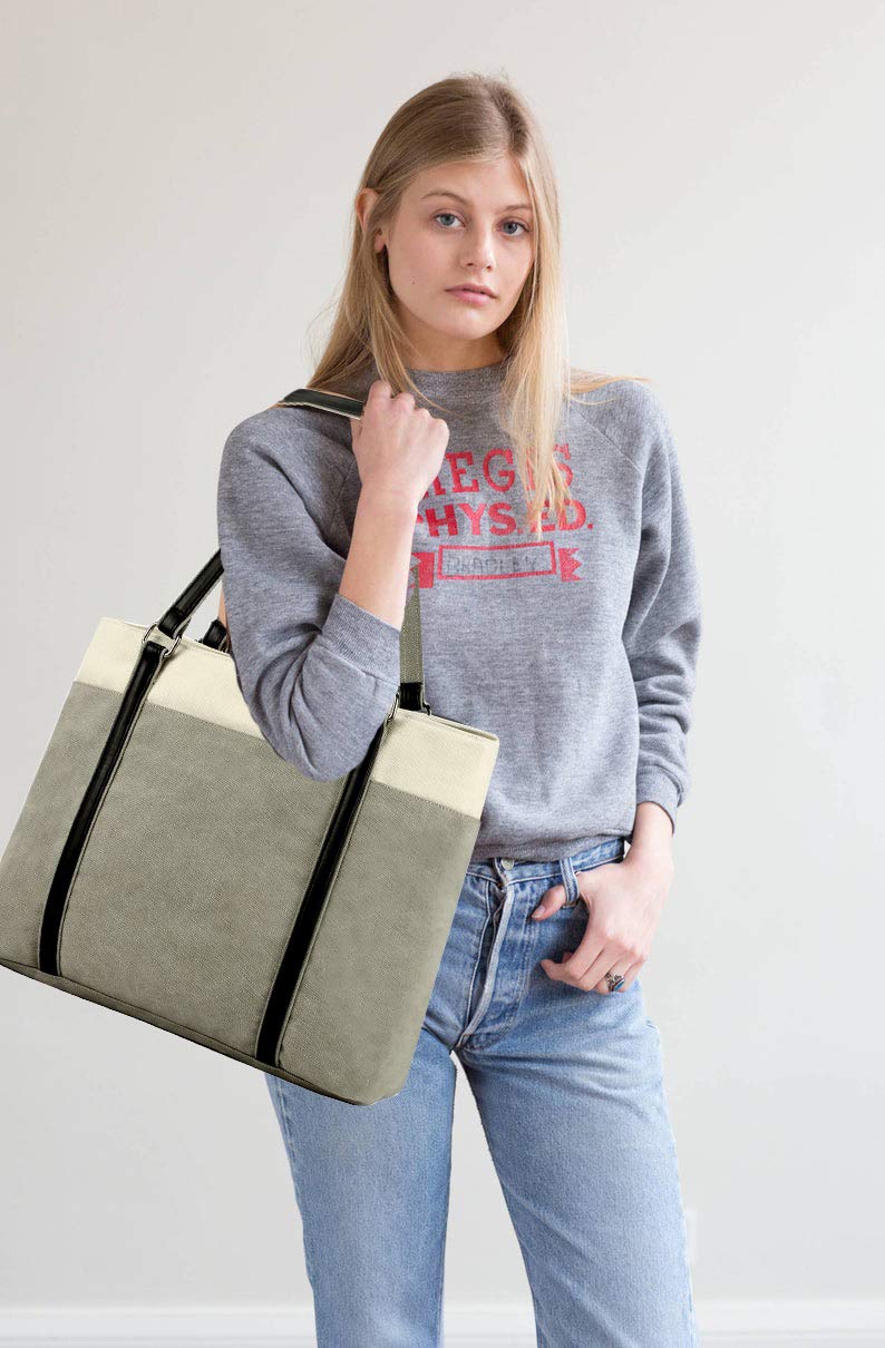 Laptop Tote Bag for Women, 15.6 Inch Work Bag with Laptop Compartment and Zipper, Canvas Computer Tote for Teacher, Office, Travel, Business, Carry On Personal Item Bag