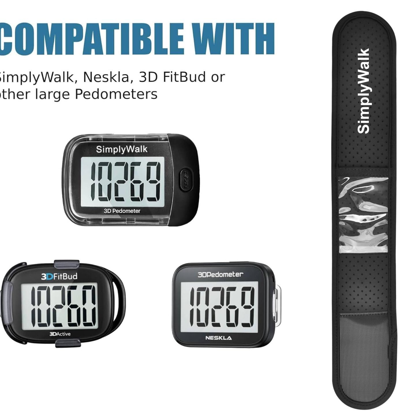 SimplyWalk Ankle Band(Size Medium) for Large Fitness Pedometer, (Counter NOT Included) Soft Wear Ankle Band with Transparent Pouch for Step Counter (Pedometer Not Included) (Black)