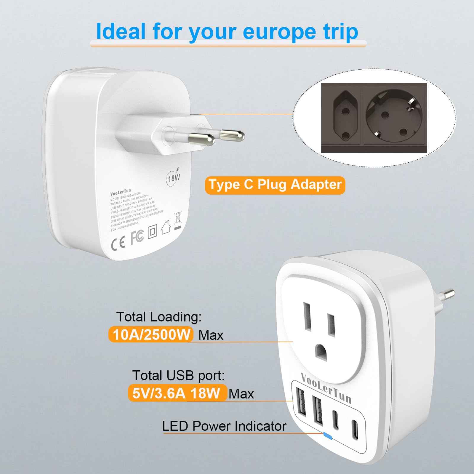 2 Packs Type C Plug Adapter, VooLerTun Denmark Germany Frence Travel Adapter with 4 USB Charger Ports (2 USB C) Power Adapter, 1 American Outlet Adapter. US Converter for EU European Travel