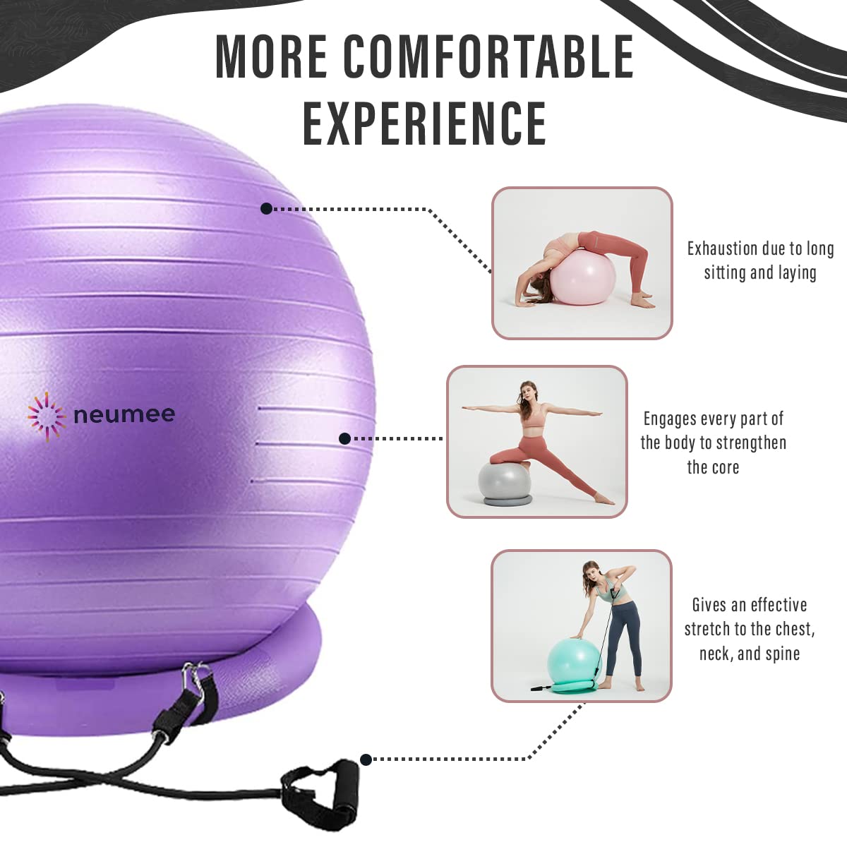 NEUMEE Yoga Ball Chair with 65cm Exercise Ball & 2 Resistance Bands, Stability Base for Home Office, Yoga, Pilates & Fitness, Balance Ball for Posture, Core Strength & Low Impact Workouts (Purple)