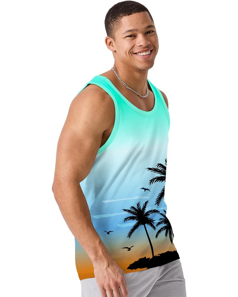 Nidoul Mens Beach Tank Tops Summer Graphic Palm Tree Sleeveless Shirts for Men Vacation Gym Running Workout Tank Top, Retro Blue Orange L