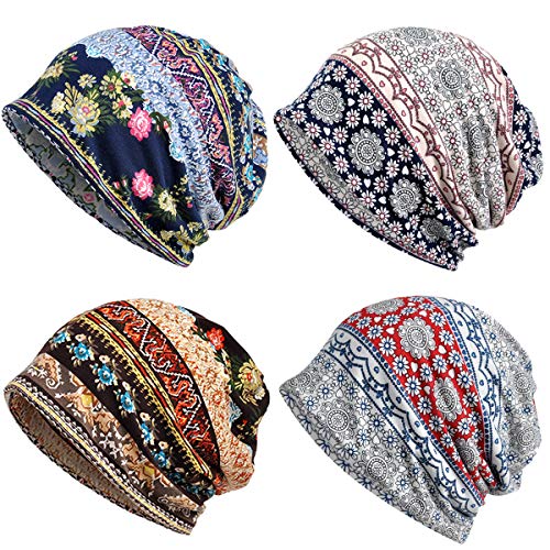 ELLEWIN Multicolor 4 Pack Cotton Slouchy Beanies for Men & Women - Lightweight Hip-Hop Skull Caps
