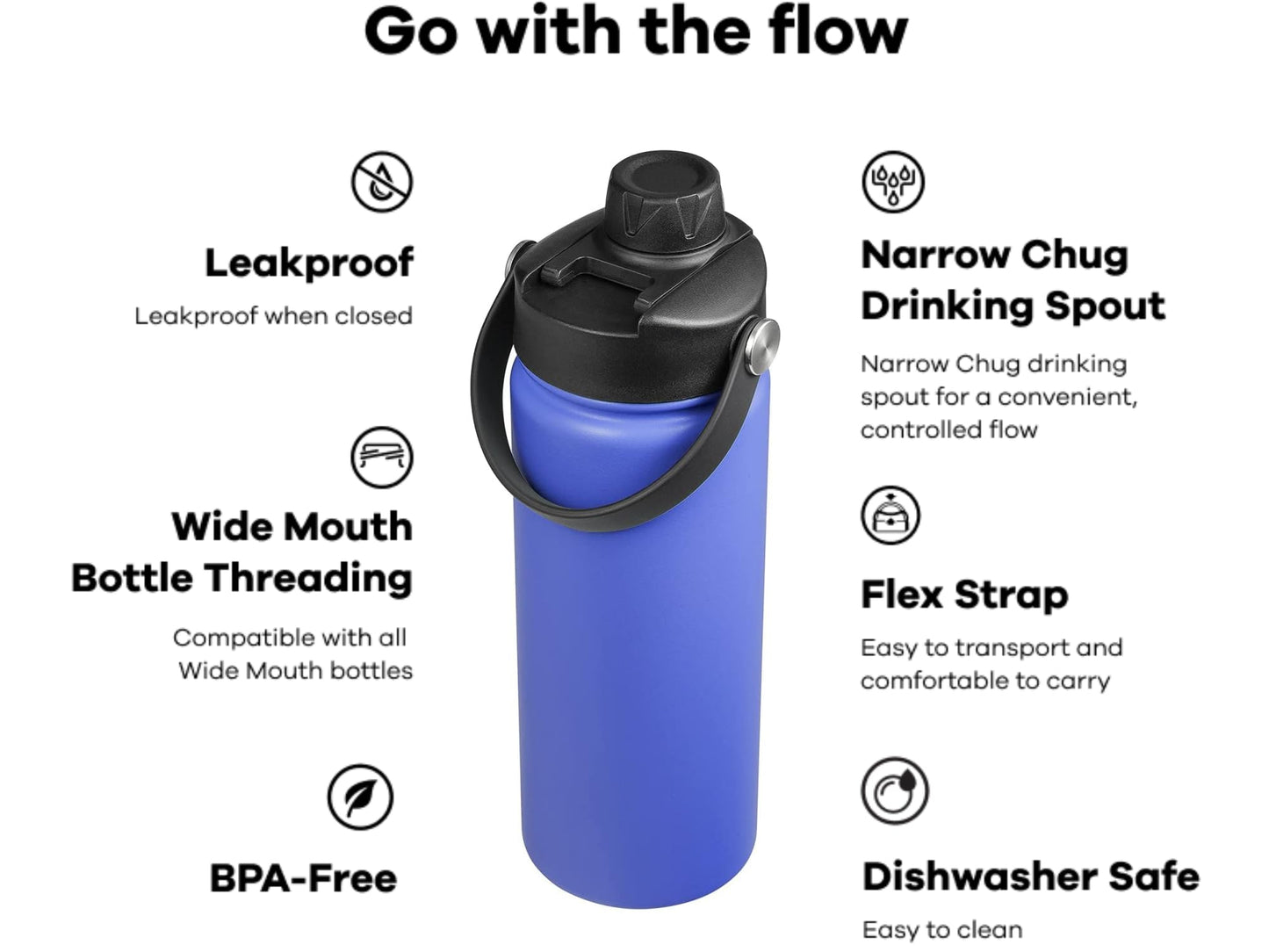 Hydro Flask Replacement Lid - Wide Mouth Top Spout Lid with Handle, Chug Cap Accessory, Black+Alpine