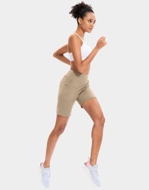 SANTINY Women's Athletic Bermuda Shorts High-Waisted Long Shorts for Women Running Yoga Lounge with Pockets（Khaki-XL
