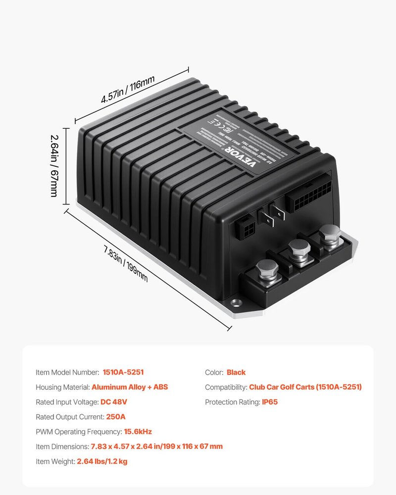 VEVOR Golf Cart Speed Controller, 36V and 350A, DC Motor Controller Replacement for 1994-2019 EZGO Golf Carts, IP65 Rated Protection, Aluminum Alloy & ABS Housing, Compatible with 1206-4301 Models