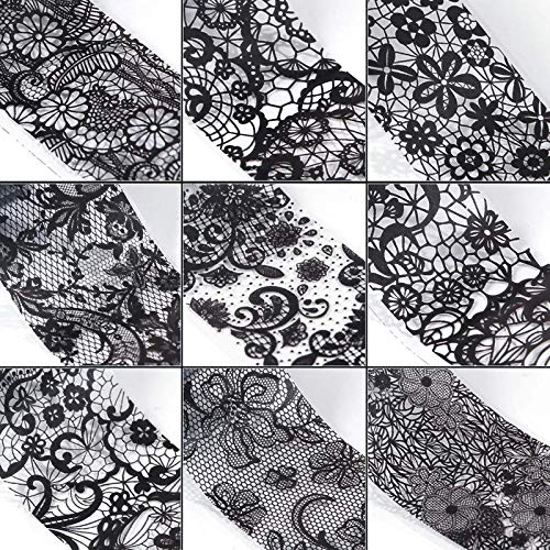 10 Rolls Black Lace Holographic Nail Foil Transfer Stickers - Colorful