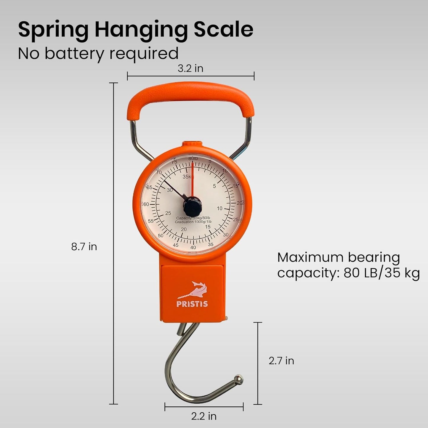Pristis Fishing Hanging Scale - 80 LBs Analog Spring Hook Scale with Tape Measure & Non-Slip Handle