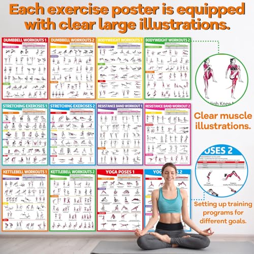 12PCS Colorful Workout Posters Set - Home Gym Exercise Charts