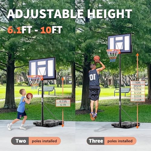 Portable Basketball Hoop - Adjustable Height 6.1-10FT, 44" Backboard, Shatterproof, Fillable Base, Grey