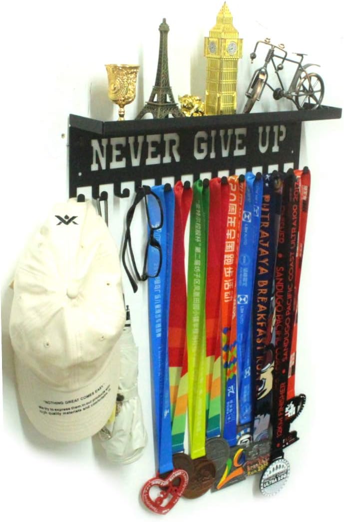 Never Give Up Medal Hanger | Trophy Display Shelf with Hooks - Easy Install Wall Rack (Black)