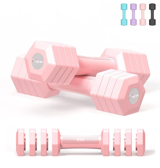 Adjustable Dumbbells Set, 4 in 1 Hand Weights Set for Women Men 10 LB Dumbbell Pair Each 2lbs 3lbs 4lbs 5lbs Weights Dumbbells Set with TPU Soft Rubber Handle for Home Gym Exercise Fitness - Pink