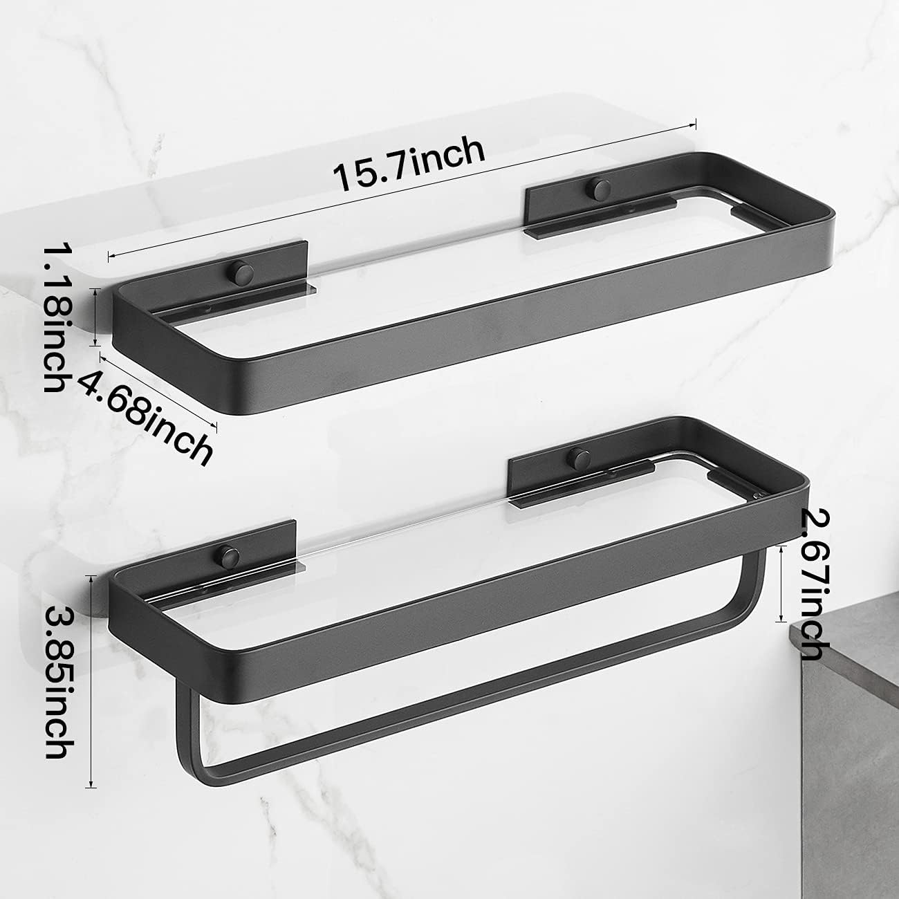 Wall Mounted Glass Bathroom Shelves - 2-Tier Floating Organizer in Black