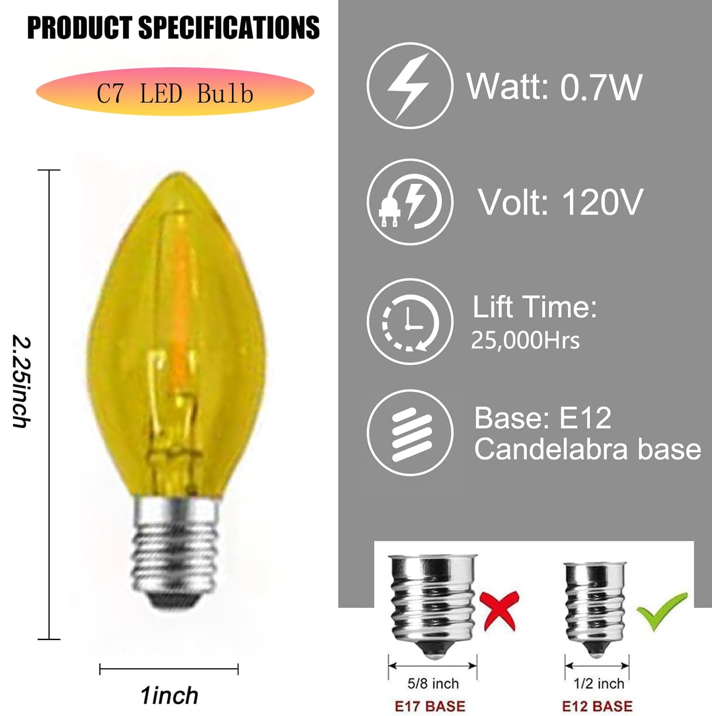 NICONIK 10 Pack Christmas Replacement Yellow Bulbs,Outdoor Individual LED Bulbs for Events, Holiday Parties, Patios C7/E12 Candelabra Base,Shatterproof Plastic