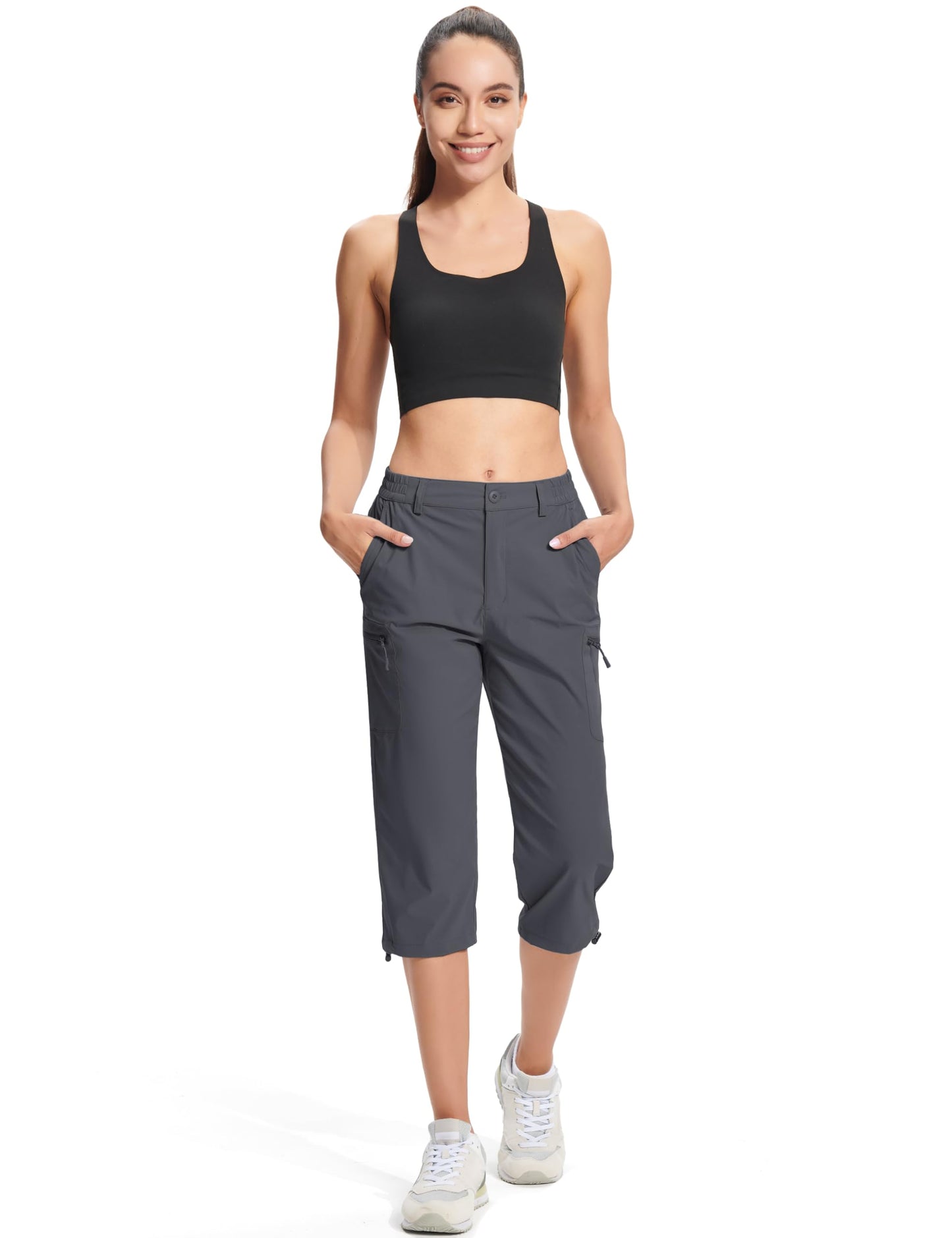 MAGCOMSEN Women's Cargo Capri Hiking Pants with Pockets Comfy Breathable Water Resistant Joggers, Dark Grey, L