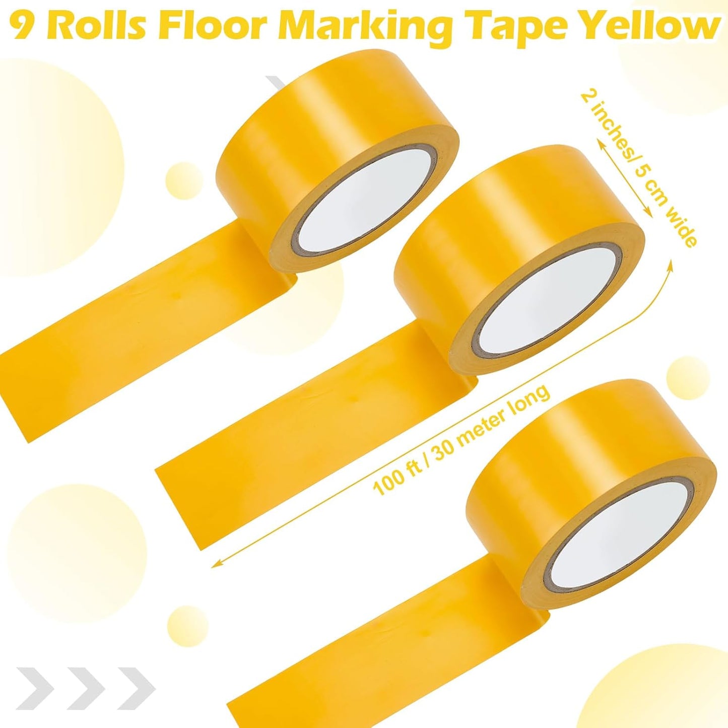 Outus Floor Marking Tape - Durable 2" Yellow Non-Abrasive Tape for Social Distancing | 100' Length, 9 Rolls