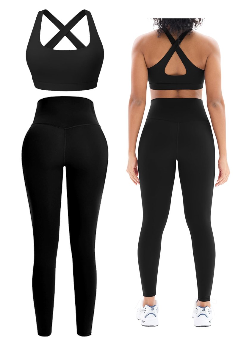 Workout Sets for Women 2 Piece Outfits Cute Gym Athletic Pilates Clothes Conjunto Deportivo Para Mujer Seamless High Waist Yoga Leggings and Padded Sports Bras Two Piece Matching Set (P080 Bla S)
