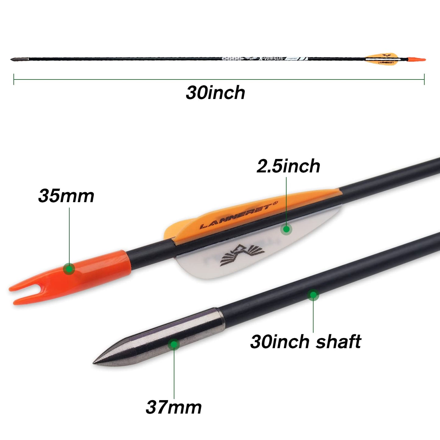 Lanneret Archery Practice Target Arrows for Youth or Beginners, 28inch Fiberglass Arrows for Compound & Recurve Bow (Pack of 12) Orange
