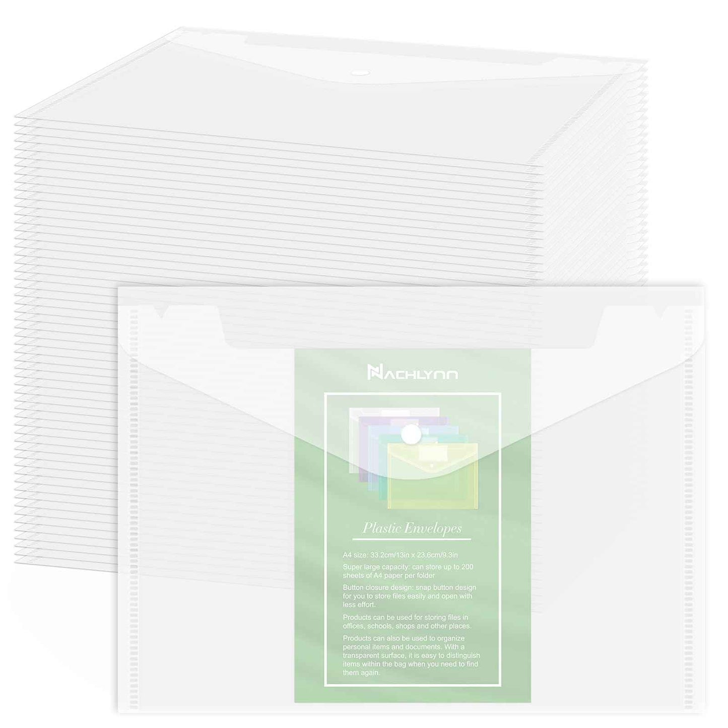 NACHLYNN 108 Pack Plastic Envelopes Poly Envelopes with Snap Closure A4 Size Clear Document File Folders Organizers Clear File for School Office Supplies